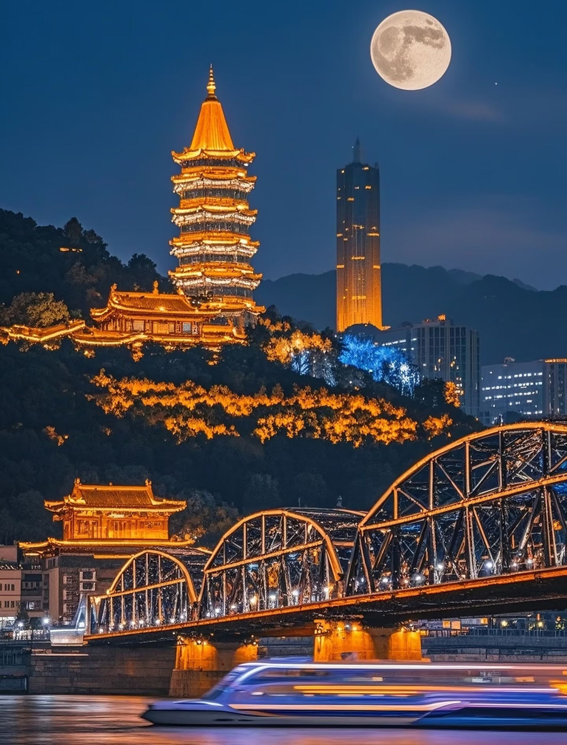 兰州城市夜景航拍，黄河两岸万家灯火，现代化高楼与古老桥梁交相辉映，展现丝路重镇的繁华景象